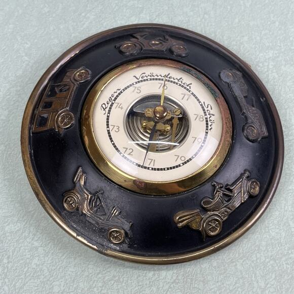 Vintage Aneroid Barometer Solid Brass & Glass German Car Themed - Picture 1 of 7